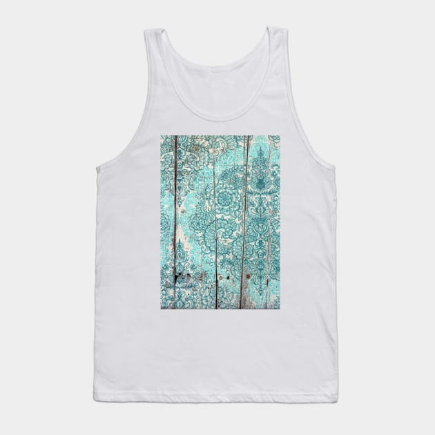 Teal & Aqua Botanical Doodle on Weathered Wood Tank Top by micklyn